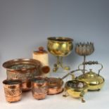 A collection of antique Copper and Brass, including a pair of Arts & Crafts pots stamped 'JS & SB'',