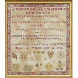 An early 20th century needlework alphabet and number Sampler, dated 1904, worked in red and other