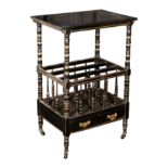 A Victorian ebonised and parcel gilt canterbury whatnot,