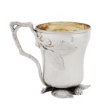 Sheffield 1876 by Martin, Hall and Co A cased Victorian sterling silver naturalistic christening mug