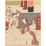 Suzuki Harunobu 鈴木 春信 (Japanese, 1725-1770), Edo period Kasamori Osen and Fan Hawker (kasamori osen