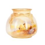 Harry Davis for Royal Worcester An Edwardian blush ivory pot painted with sheep in a landscape, shap