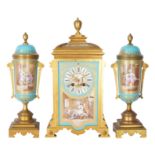 A Sevres style French porcelain and ormolu clock garniture Late 19th century