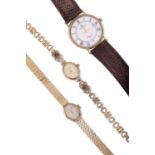 Three yellow metal wristwatches