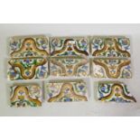 Collection of nine Spanish Arista glazed terracotta tiles, C16th/C17th, largest 25 x 13cm