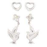 Tiffany & Co two pairs of silver stud earrings including pendant dove earrings designed by Paloma Pi