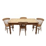 20th-century stripped pine dining table with four beech farmhouse kitchen chairs came