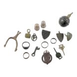 Collection of detectorist finds including seal ring and three 'pauper' rings
