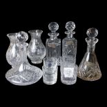 Four glass decanters with three silver labels for gin sherry and whisky