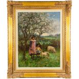 Ernest Higgins Rigg (Staithes Group 1868-1947): The Artist's Daughters Petting Spring Lambs
