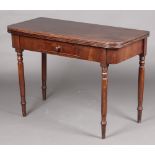 A 19th Century mahogany D shaped card table fitted a drawer, raised on turned supports 75cm high x