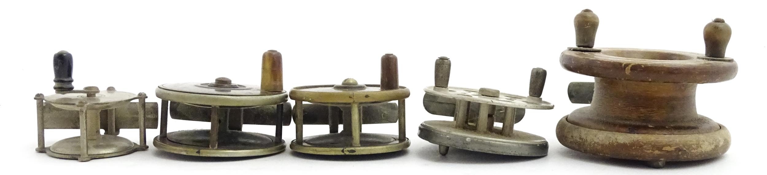 Five early to mid 20thC centrepin fishing reels. To include an aluminium example marked 'The - Image 8 of 13