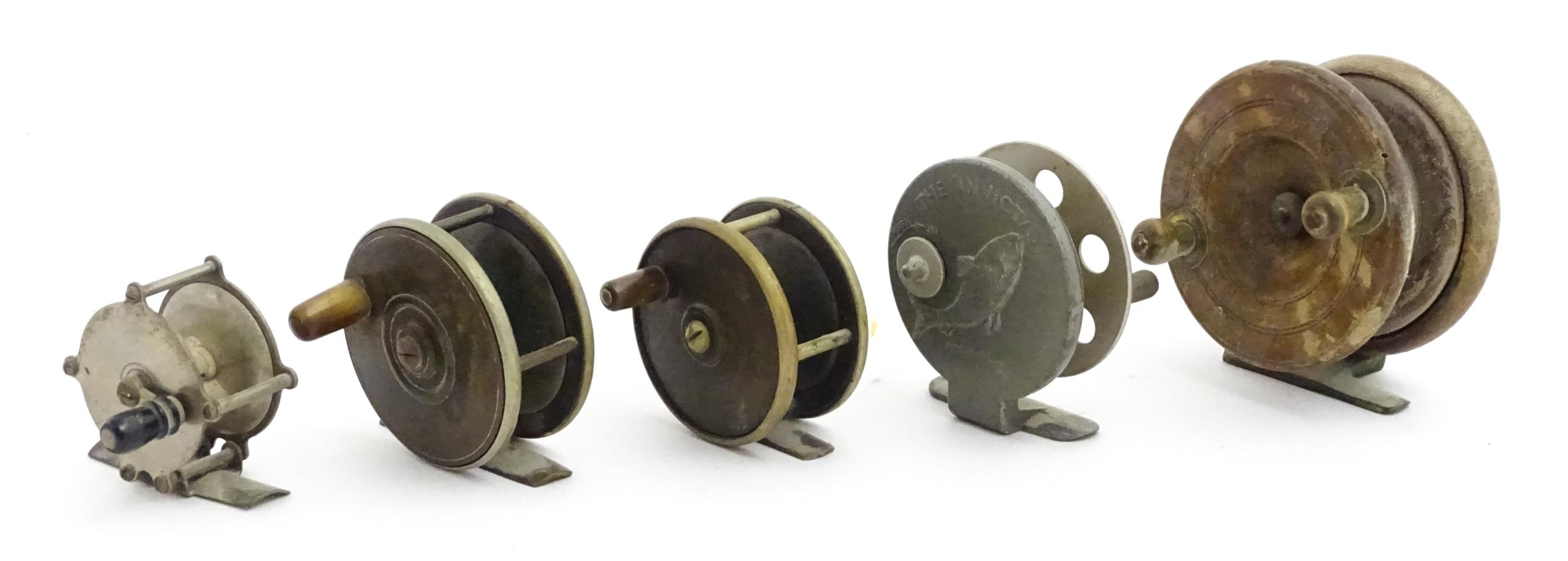 Five early to mid 20thC centrepin fishing reels. To include an aluminium example marked 'The - Image 3 of 13