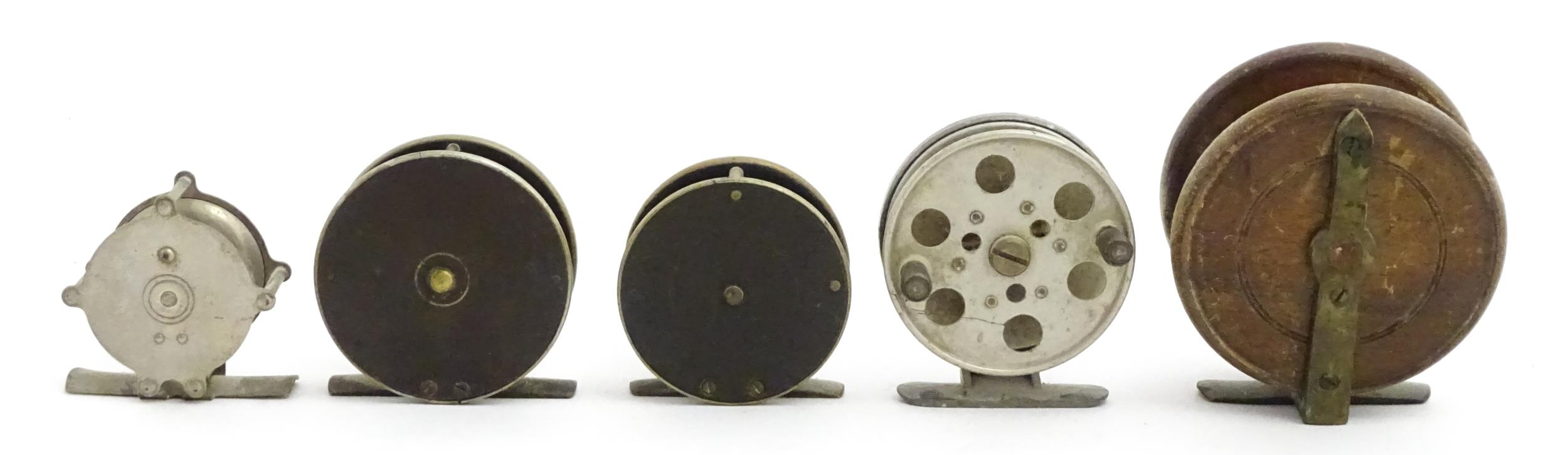 Five early to mid 20thC centrepin fishing reels. To include an aluminium example marked 'The - Image 6 of 13