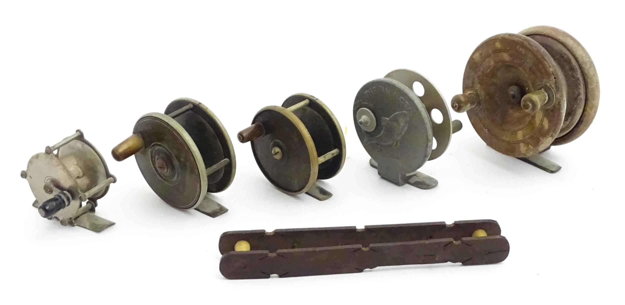 Five early to mid 20thC centrepin fishing reels. To include an aluminium example marked 'The - Image 2 of 13