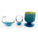 A Mdina glass pedestal goblet, unsigned, together with a small Mdina glass basket, signed under