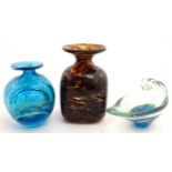 Three Mdina glass items, comprising two vases and a dish. Two signed under. The tallest approx. 6