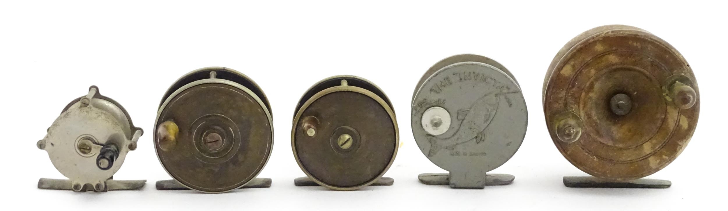 Five early to mid 20thC centrepin fishing reels. To include an aluminium example marked 'The - Image 4 of 13