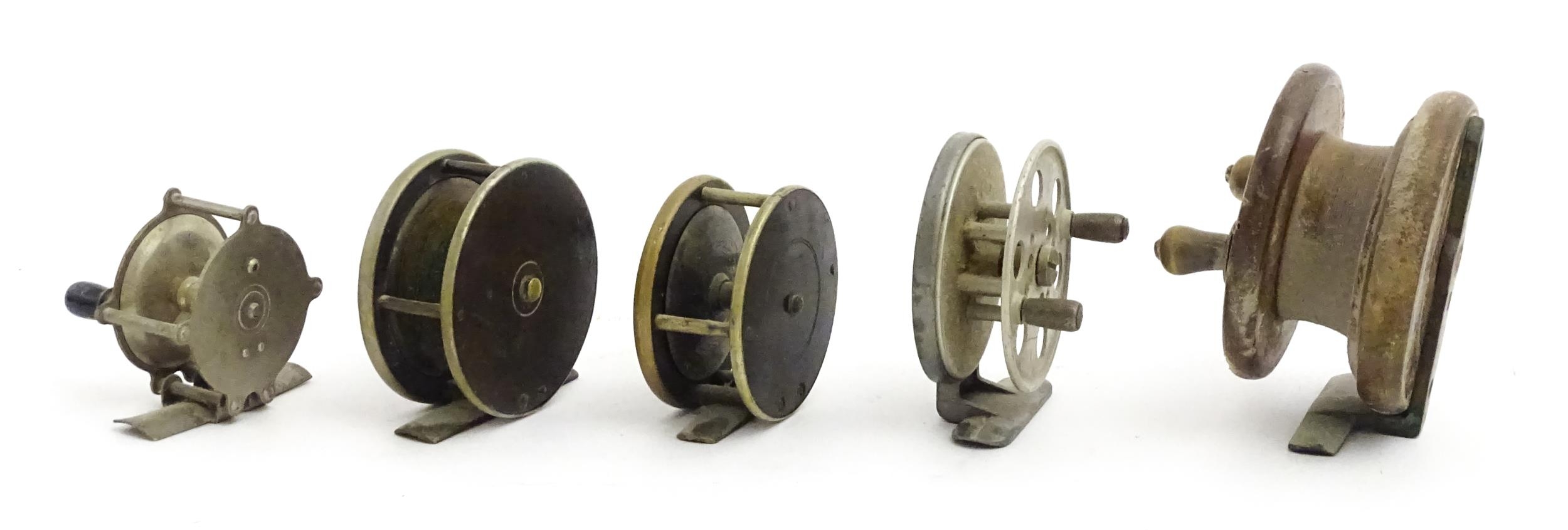 Five early to mid 20thC centrepin fishing reels. To include an aluminium example marked 'The - Image 7 of 13