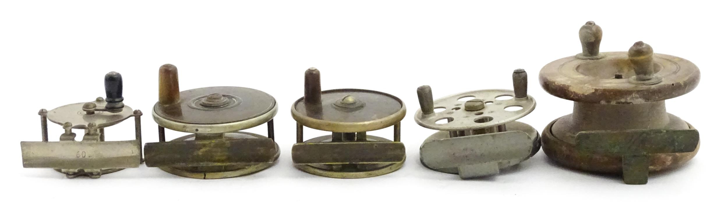 Five early to mid 20thC centrepin fishing reels. To include an aluminium example marked 'The - Image 9 of 13