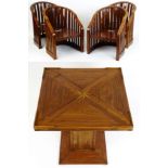 A 'Starbay' envelope card / games table with starburst marquetry decoration and raised on a pillar