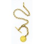 An 18ct gold Albert watch chain with George II guinea coin formed fob. Chain approx. 15" long Please