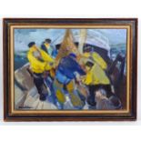 Roland Lefranc (1931-2000), Oil on canvas, Palanquee, Fishermen hauling in the catch. Signed lower