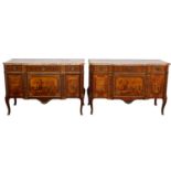 A PAIR OF FRENCH TRANSITIONAL STYLE MARQUETRY AND MARBLE-TOPPED COMMODES