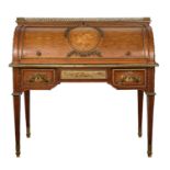 A FINE LOUIS XVI STYLE MAHOGANY, PARQUETRY AND GILT METAL MOUNTED CYLINDER BUREAU