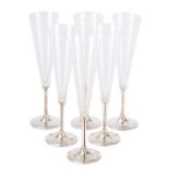 THEO FENNELL: A SET OF SIX ELIZABETH II SILVER AND GLASS CHAMPAGNE FLUTES