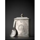 A GEORGE II HUGUENOT SILVER RECTANGULAR TEA CADDY