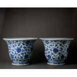 AN IMPRESSIVE PAIR OF CHINESE PORCELAIN BLUE AND WHITE JARDINIERES