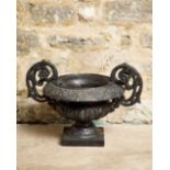 A SMALL CAST IRON BLACK-PAINTED GARDEN URN