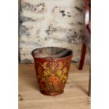 A LEATHER FIRE BUCKET WITH A POLYCHROME LION AND UNICORN COAT OF ARMS
