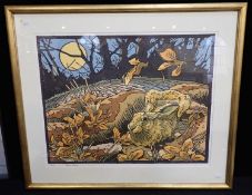 ANDREW HASLEN B.1953: HARE IN MOONLIT LANDSCAPE
