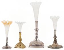 Four single stem epergnes including a silver plated WMF example together with glass flutes, the
