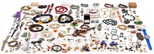 Vintage and later jewellery and wristwatches including Art Deco style necklaces, brooches, Mickey