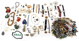 A large collection of antique and later jewellery and wristwatches including necklaces, bracelets,