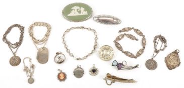 Antique and later silver and white metal jewellery, some set with semi precious stones, including
