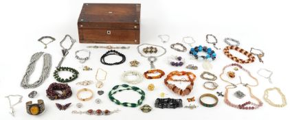 Antique and later jewellery including a malachite necklace, bangles, Scottish brooches and an
