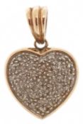 A 9K gold diamond love heart pendant, total diamond weight approximately 0.50 carat, 1.5cm high, 3.