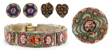 Micro mosaic jewellery comprising two pairs of clip on earrings, a bracelet and a brooch, the
