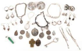 Antique and later silver and white metal jewellery including a large pair of silver Modernist