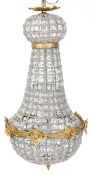 A gilt metal and cut glass ceiling light, 66cm high.
