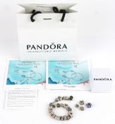 A Pandora silver charm bracelet with a large selection of charms including teddy bear, watering can,