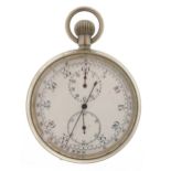 A vintage gentlemen's white metal open face stopwatch having enamelled dial with Arabic numerals,