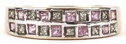 A 9K gold diamond and pink spinel two row ring, size L, 1.7g.