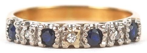 An 18ct gold diamond and blue spinel half eternity ring, size K, 2.8g.