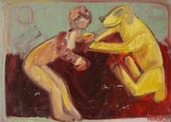 Abstract figure and dog, 20th century oil on board, indistinctly signed, within an ebonised frame,