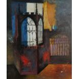 Manner of John Piper - Interior of Coventry Cathedral, English school oil on board, 59.5cm x 49.
